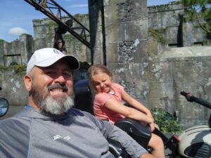 Chris and Aubrey on Hagrid's Magical Creatures Motorbike Adventure